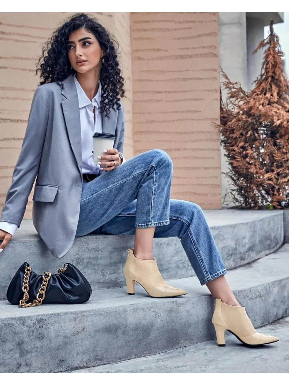 Women's Beige Pointed Toe Stiletto Heel Splicing Back Zipper Ankle Boots